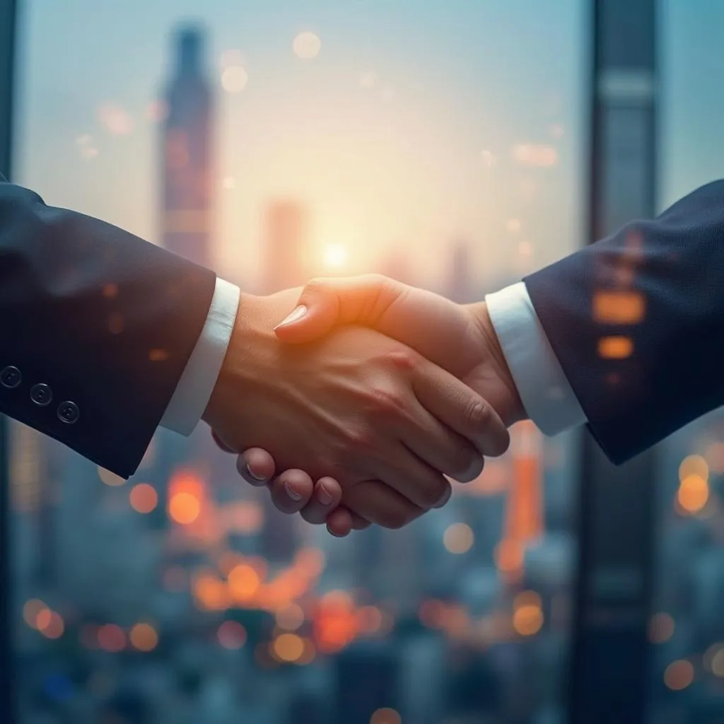 Business handshake with Asian cityscape